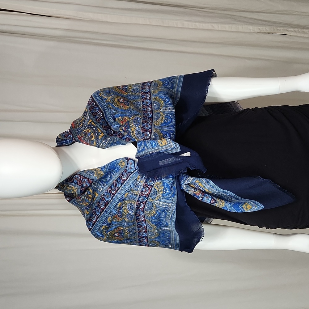 ☀️Boho Square Shaped Navy Multicolored Wrap Raw Hems 100% Polyester